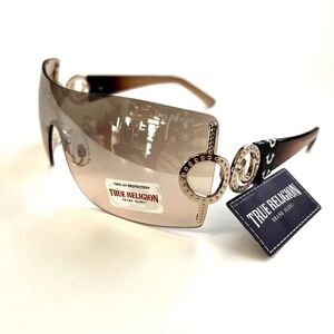 New TRUE RELIGION Wrap Around Shield Sunglasses Rimless Studded Acetate Beige